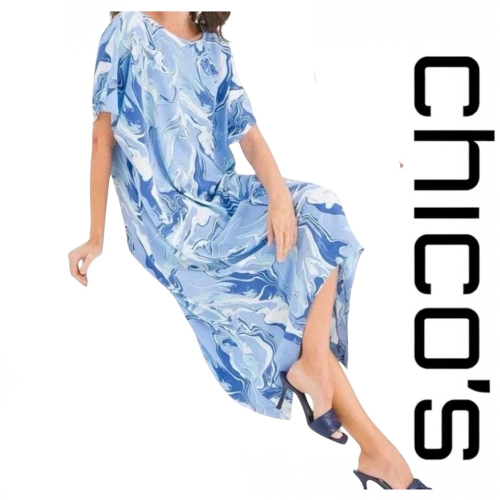 Chico's Blue White Marbled Swirl Painted Stone Midi Dress worn once Size 1P 8P